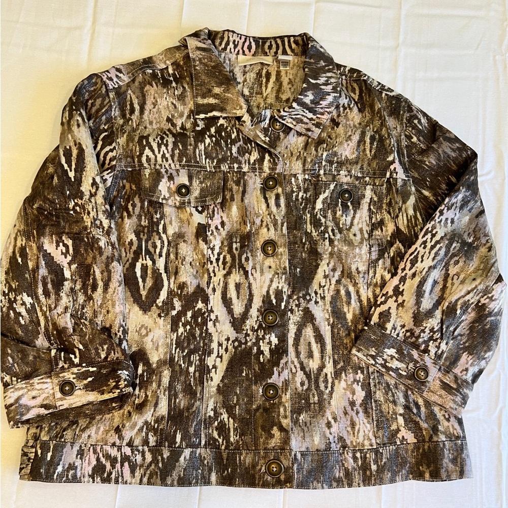 Chico's Brown Patterned Jean Jacket Size 2 (Large)